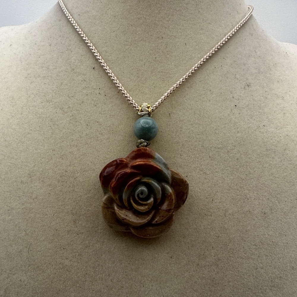 Polychrome Rose Pendant Necklace with Jade Bead on Beige Adjustable Rope - Picture 2 of 8